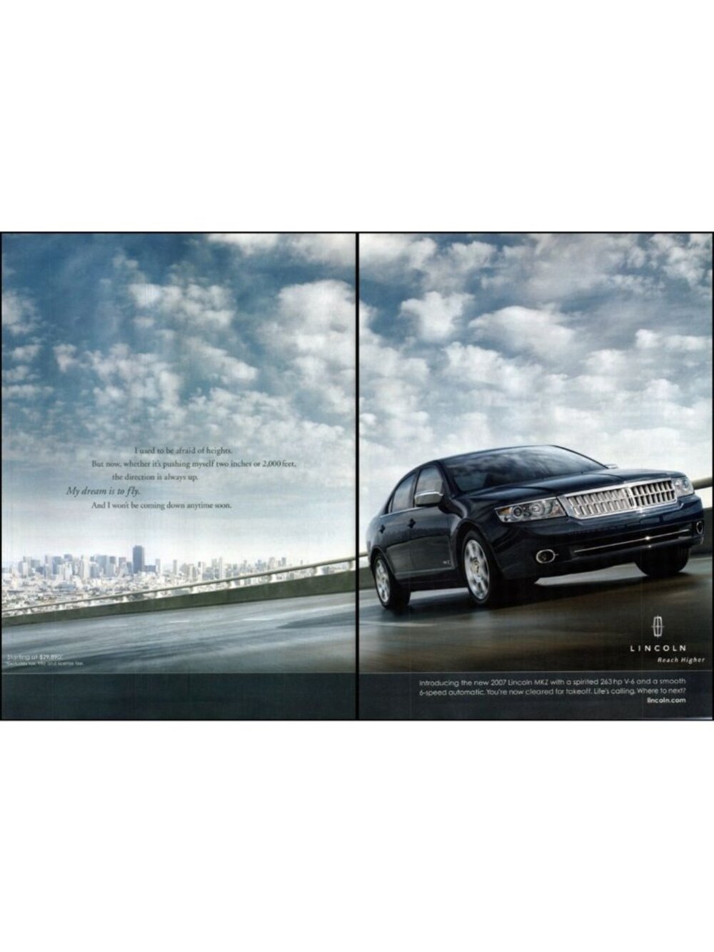 2007 Lincoln MKZ Luxury Sedan 2 Page Vintage Print Ad City Skyline Wall Art